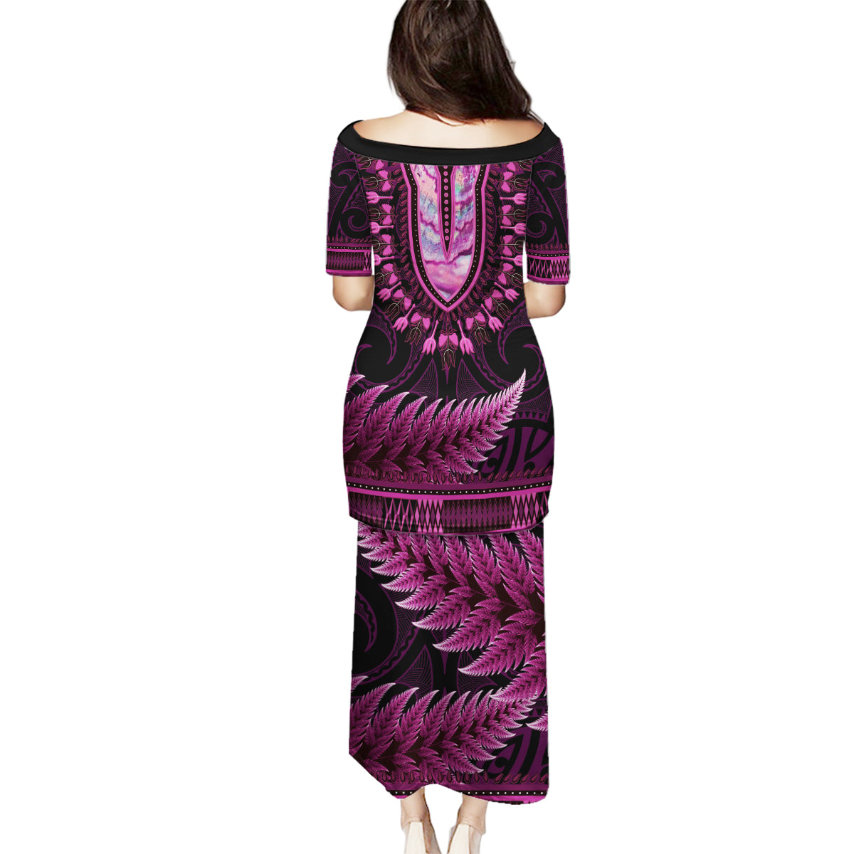 Pink African Dashiki With Aotearoa Maori Family Matching Puletasi and Hawaiian Shirt Paua Shell Mix Silver Fern LT14 - Polynesian Pride