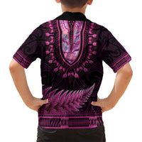 Pink African Dashiki With Aotearoa Maori Family Matching Short Sleeve Bodycon Dress and Hawaiian Shirt Paua Shell Mix Silver Fern LT14 - Polynesian Pride