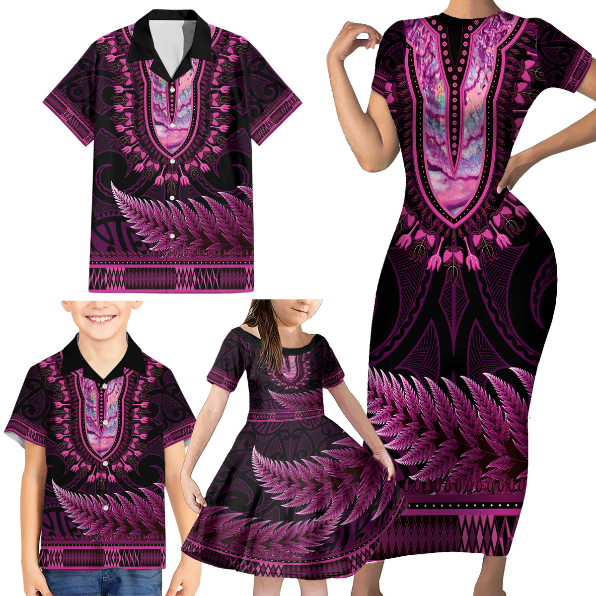 Pink African Dashiki With Aotearoa Maori Family Matching Short Sleeve Bodycon Dress and Hawaiian Shirt Paua Shell Mix Silver Fern LT14 - Polynesian Pride