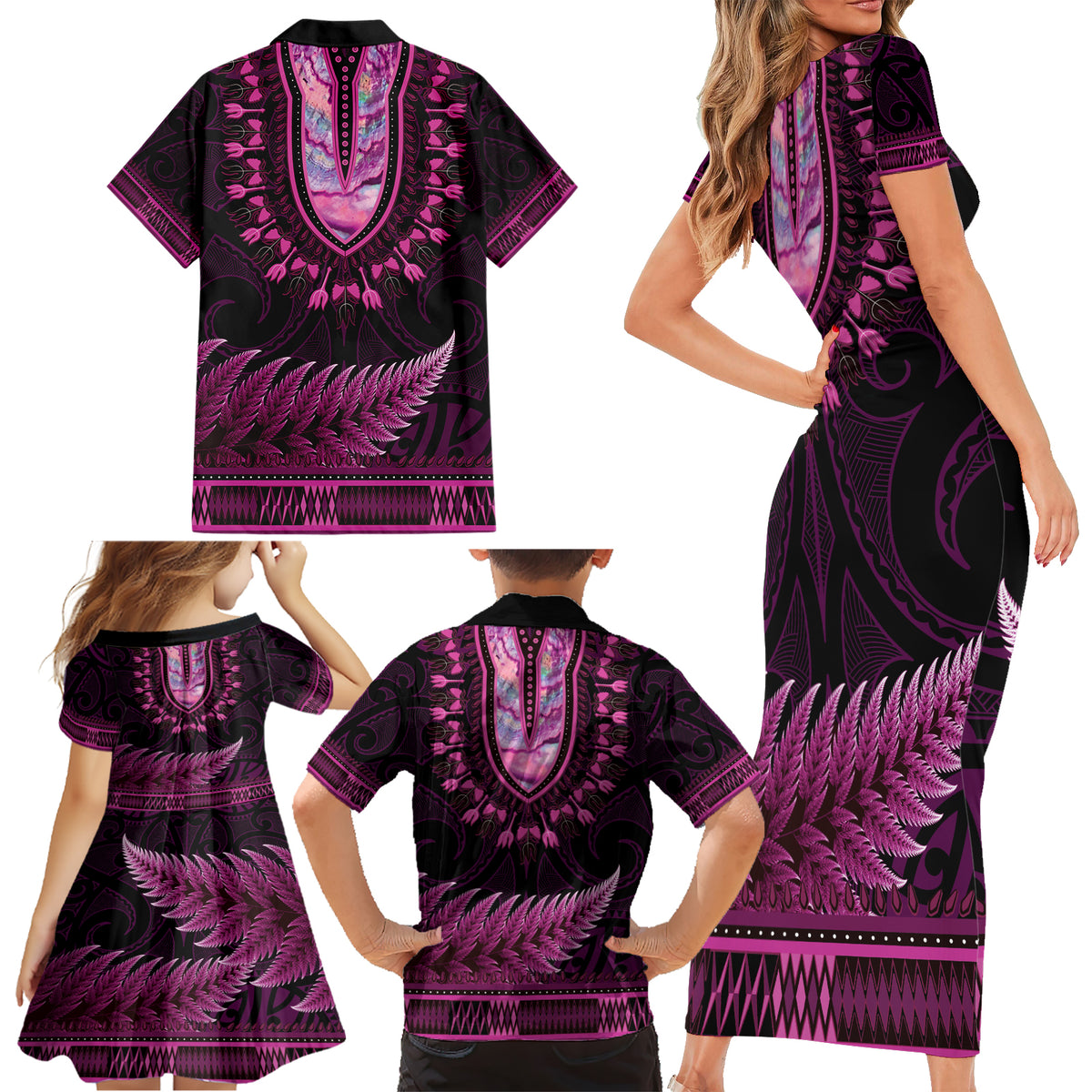 Pink African Dashiki With Aotearoa Maori Family Matching Short Sleeve Bodycon Dress and Hawaiian Shirt Paua Shell Mix Silver Fern LT14 - Polynesian Pride