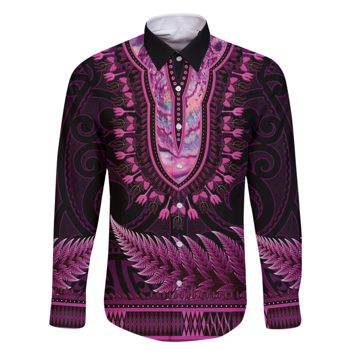 Pink African Dashiki With Aotearoa Maori Family Matching Short Sleeve Bodycon Dress and Hawaiian Shirt Paua Shell Mix Silver Fern LT14 Dad's Shirt - Long Sleeve Pink - Polynesian Pride