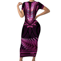 Pink African Dashiki With Aotearoa Maori Family Matching Short Sleeve Bodycon Dress and Hawaiian Shirt Paua Shell Mix Silver Fern LT14 Mom's Dress Pink - Polynesian Pride