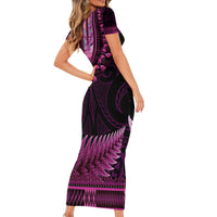 Pink African Dashiki With Aotearoa Maori Family Matching Short Sleeve Bodycon Dress and Hawaiian Shirt Paua Shell Mix Silver Fern LT14 - Polynesian Pride