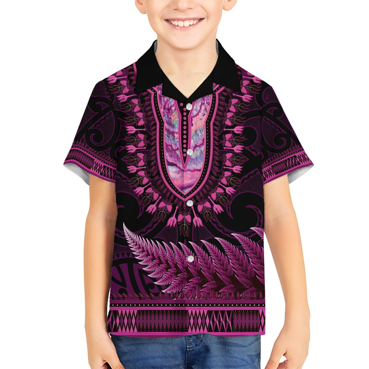 Pink African Dashiki With Aotearoa Maori Family Matching Short Sleeve Bodycon Dress and Hawaiian Shirt Paua Shell Mix Silver Fern LT14 Son's Shirt Pink - Polynesian Pride