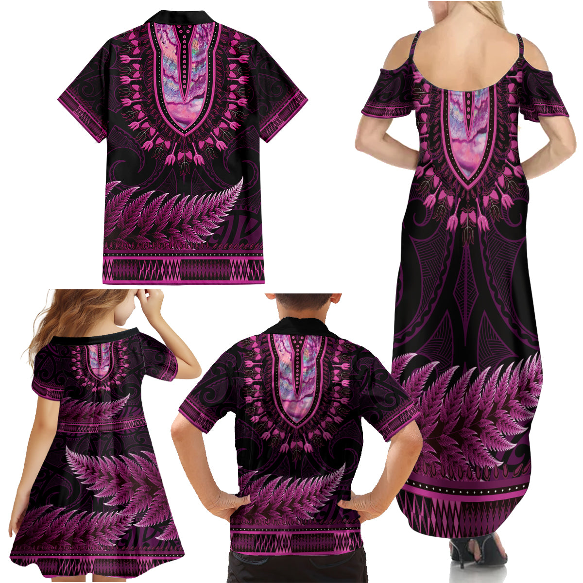 Pink African Dashiki With Aotearoa Maori Family Matching Summer Maxi Dress and Hawaiian Shirt Paua Shell Mix Silver Fern LT14 - Polynesian Pride