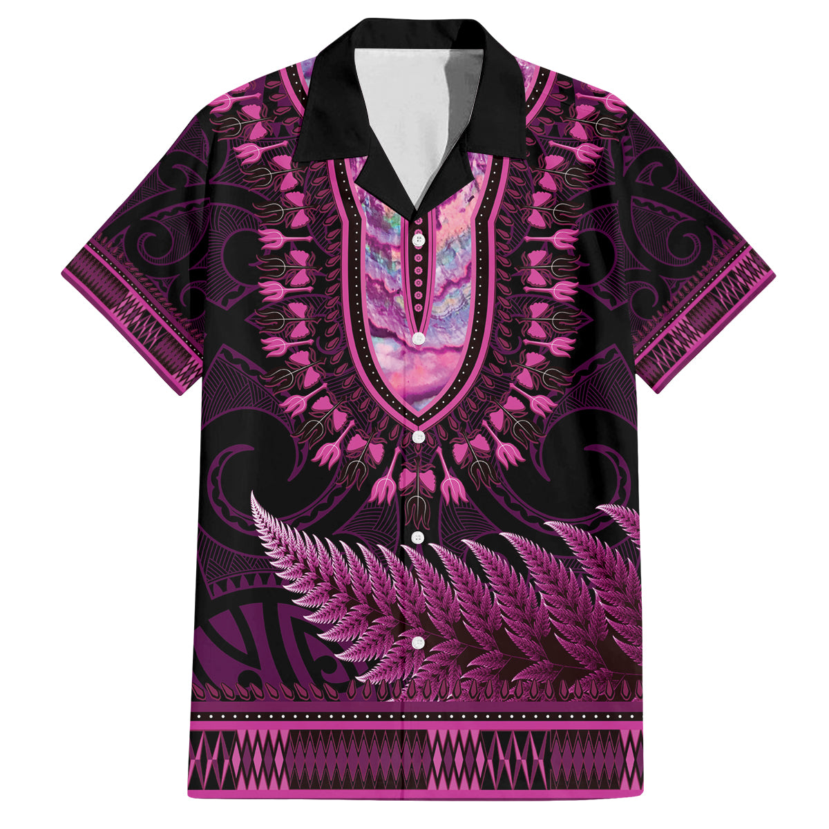 Pink African Dashiki With Aotearoa Maori Family Matching Summer Maxi Dress and Hawaiian Shirt Paua Shell Mix Silver Fern LT14 Dad's Shirt - Short Sleeve Pink - Polynesian Pride