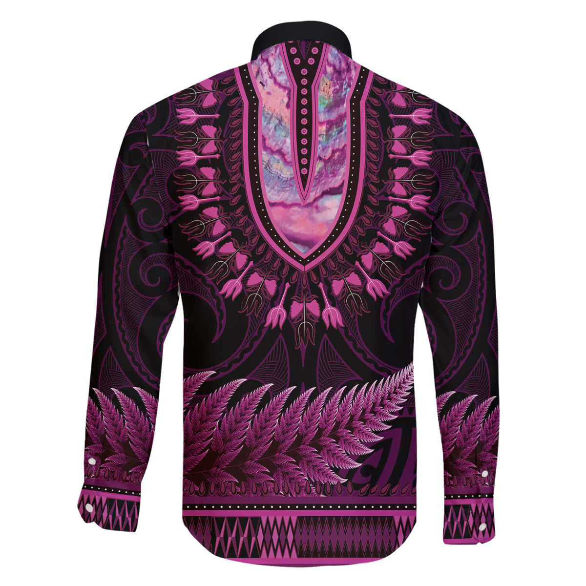 Pink African Dashiki With Aotearoa Maori Family Matching Summer Maxi Dress and Hawaiian Shirt Paua Shell Mix Silver Fern LT14 - Polynesian Pride