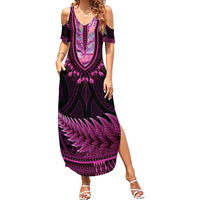 Pink African Dashiki With Aotearoa Maori Family Matching Summer Maxi Dress and Hawaiian Shirt Paua Shell Mix Silver Fern LT14 Mom's Dress Pink - Polynesian Pride