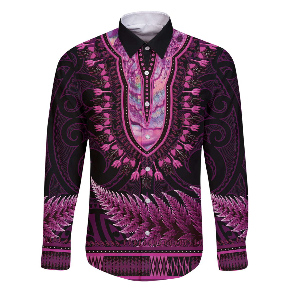Pink African Dashiki With Aotearoa Maori Family Matching Tank Maxi Dress and Hawaiian Shirt Paua Shell Mix Silver Fern LT14 Dad's Shirt - Long Sleeve Pink - Polynesian Pride