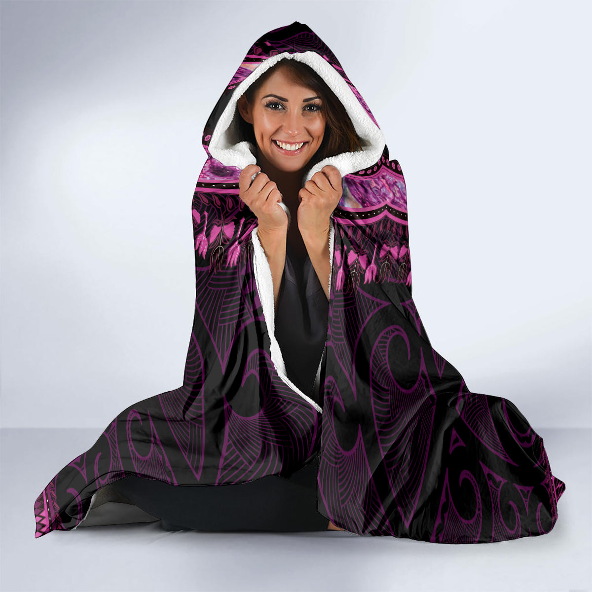 Pink African Dashiki With Aotearoa Maori Hooded Blanket Paua Shell Mix Silver Fern