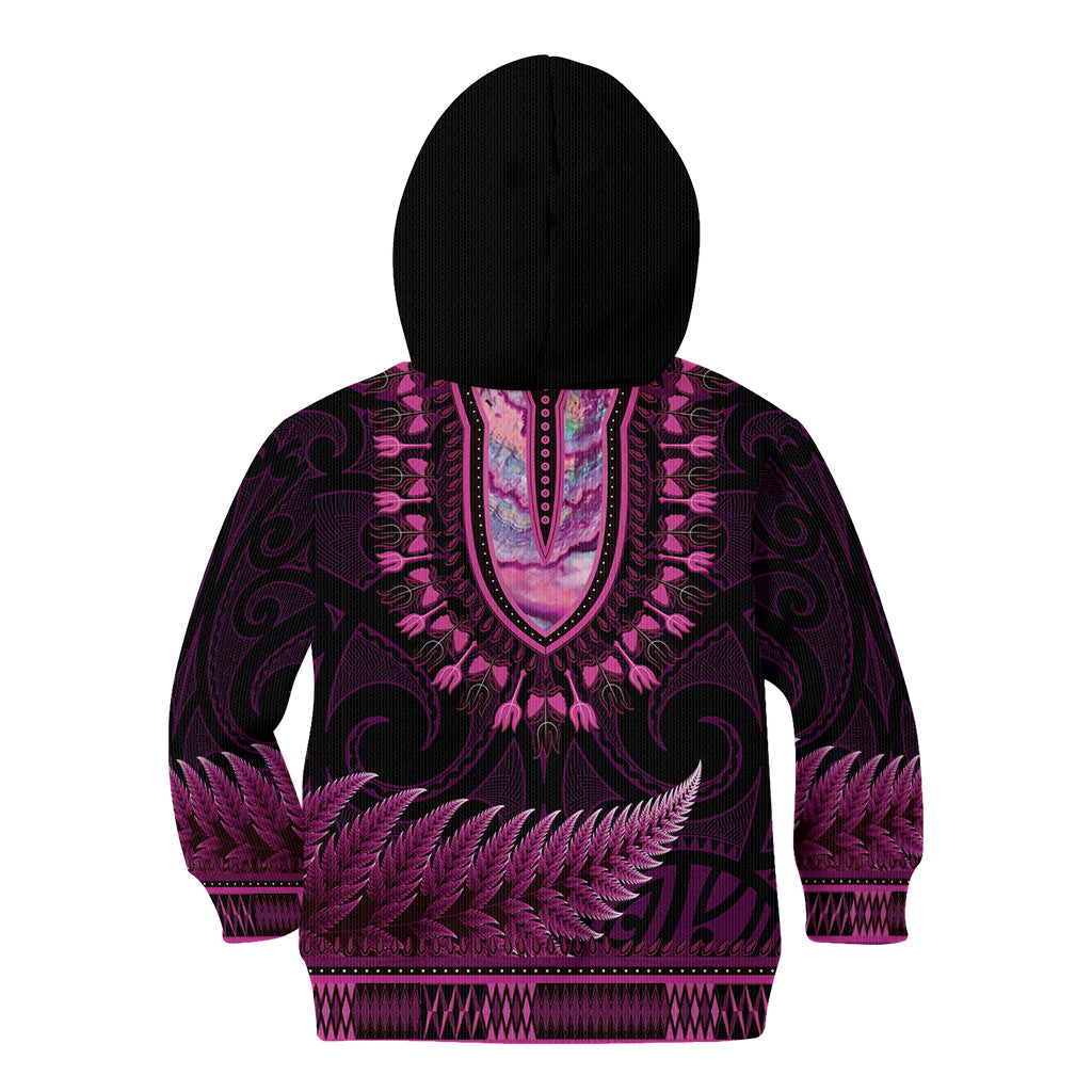 Pink African Dashiki With Aotearoa Maori Kid Hoodie Paua Shell Mix Silver Fern LT14 - Polynesian Pride