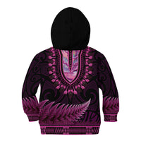 Pink African Dashiki With Aotearoa Maori Kid Hoodie Paua Shell Mix Silver Fern LT14 - Polynesian Pride