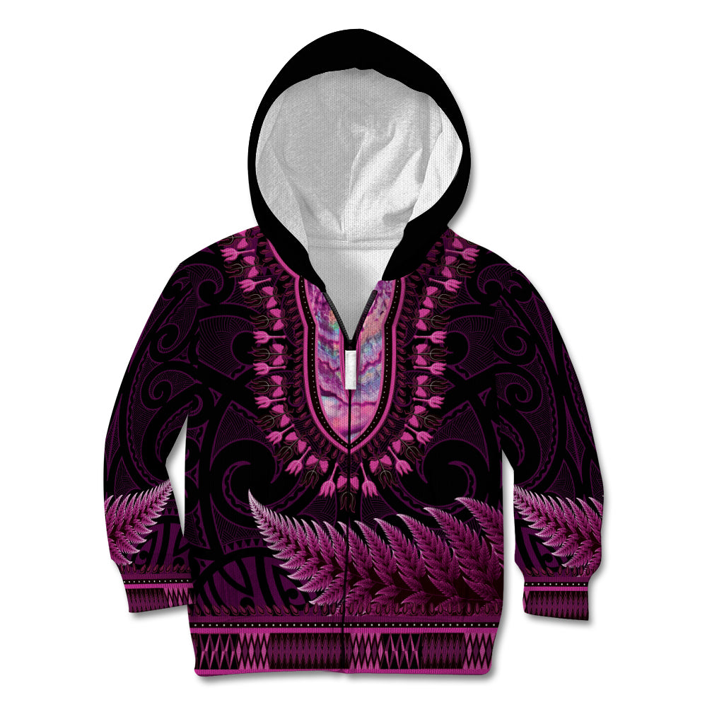 Pink African Dashiki With Aotearoa Maori Kid Hoodie Paua Shell Mix Silver Fern LT14 Zip Hoodie Pink - Polynesian Pride