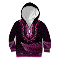 Pink African Dashiki With Aotearoa Maori Kid Hoodie Paua Shell Mix Silver Fern LT14 Zip Hoodie Pink - Polynesian Pride