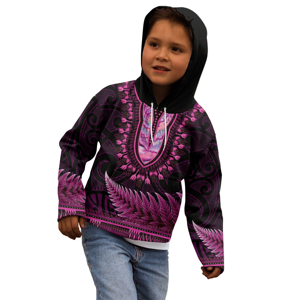 Pink African Dashiki With Aotearoa Maori Kid Hoodie Paua Shell Mix Silver Fern LT14 - Polynesian Pride