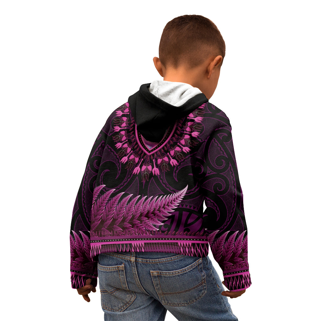 Pink African Dashiki With Aotearoa Maori Kid Hoodie Paua Shell Mix Silver Fern LT14 - Polynesian Pride