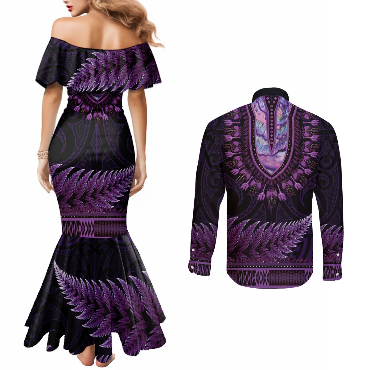 Purple African Dashiki With Aotearoa Maori Couples Matching Mermaid Dress and Long Sleeve Button Shirt Paua Shell Mix Silver Fern LT14 - Polynesian Pride