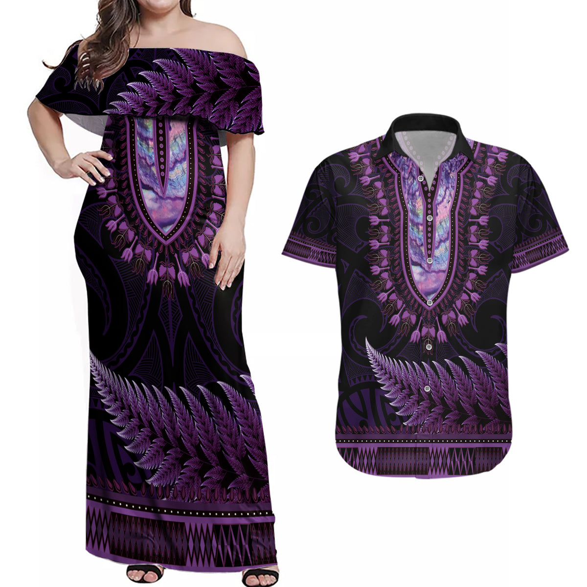 Purple African Dashiki With Aotearoa Maori Couples Matching Off Shoulder Maxi Dress and Hawaiian Shirt Paua Shell Mix Silver Fern LT14 Purple - Polynesian Pride