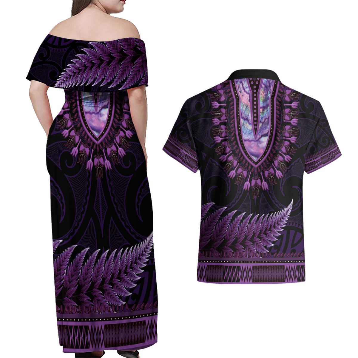 Purple African Dashiki With Aotearoa Maori Couples Matching Off Shoulder Maxi Dress and Hawaiian Shirt Paua Shell Mix Silver Fern LT14 - Polynesian Pride