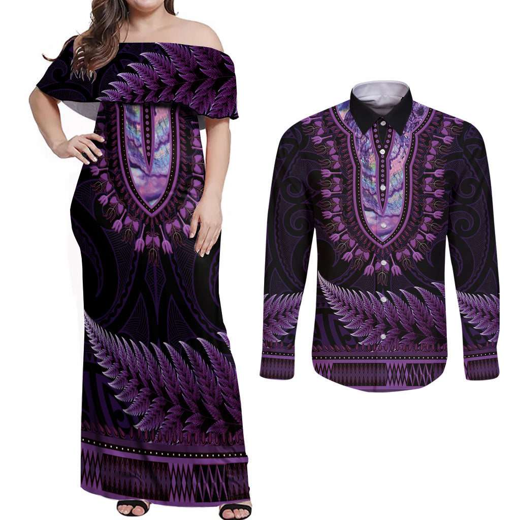 Purple African Dashiki With Aotearoa Maori Couples Matching Off Shoulder Maxi Dress and Long Sleeve Button Shirt Paua Shell Mix Silver Fern LT14 Purple - Polynesian Pride