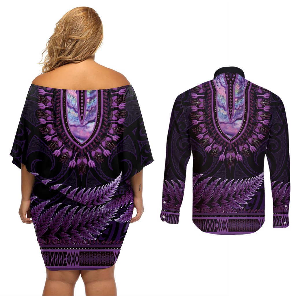 Purple African Dashiki With Aotearoa Maori Couples Matching Off Shoulder Short Dress and Long Sleeve Button Shirt Paua Shell Mix Silver Fern LT14 - Polynesian Pride