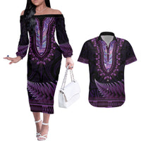 Purple African Dashiki With Aotearoa Maori Couples Matching Off The Shoulder Long Sleeve Dress and Hawaiian Shirt Paua Shell Mix Silver Fern LT14 Purple - Polynesian Pride