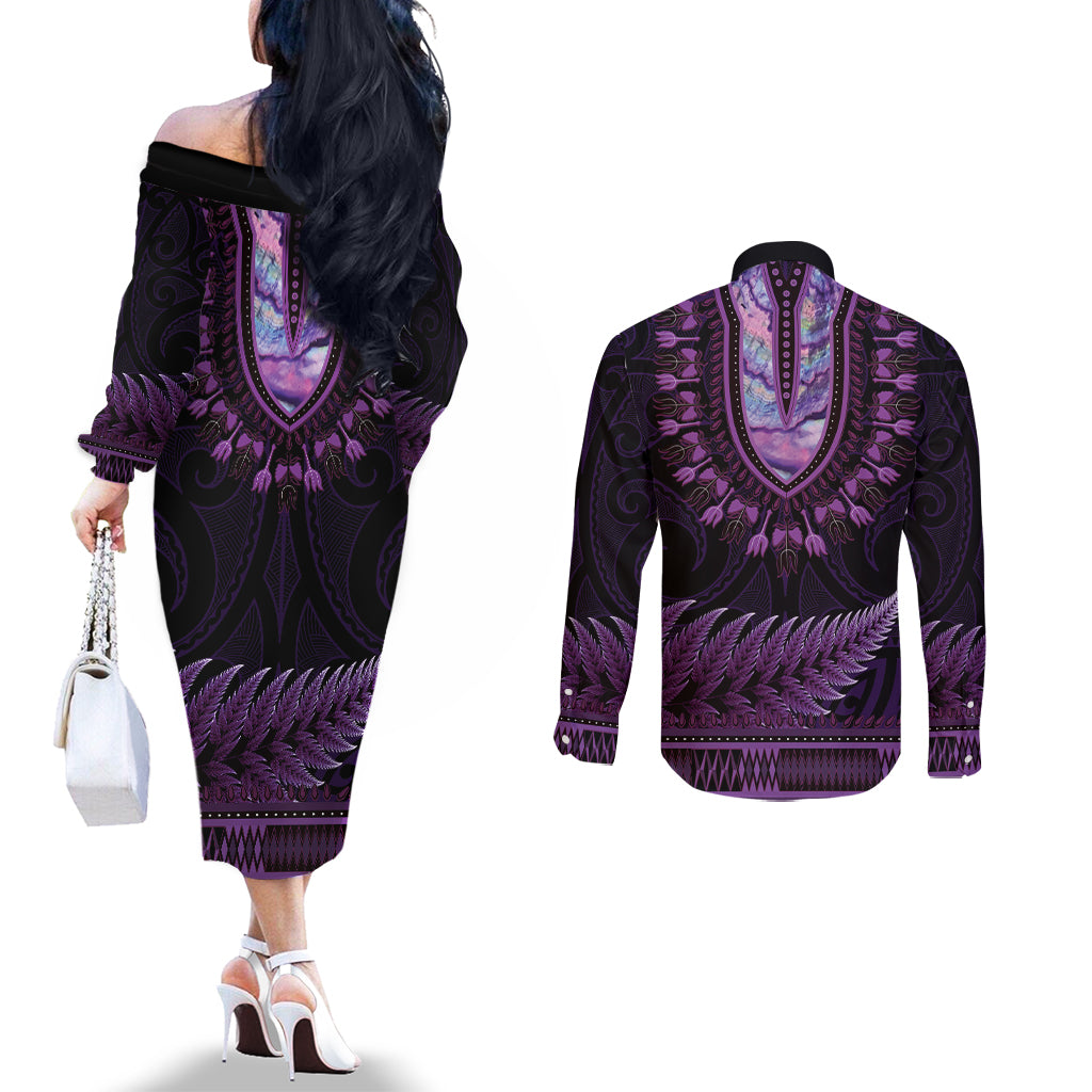 Purple African Dashiki With Aotearoa Maori Couples Matching Off The Shoulder Long Sleeve Dress and Long Sleeve Button Shirt Paua Shell Mix Silver Fern LT14 - Polynesian Pride