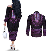 Purple African Dashiki With Aotearoa Maori Couples Matching Off The Shoulder Long Sleeve Dress and Long Sleeve Button Shirt Paua Shell Mix Silver Fern LT14 - Polynesian Pride