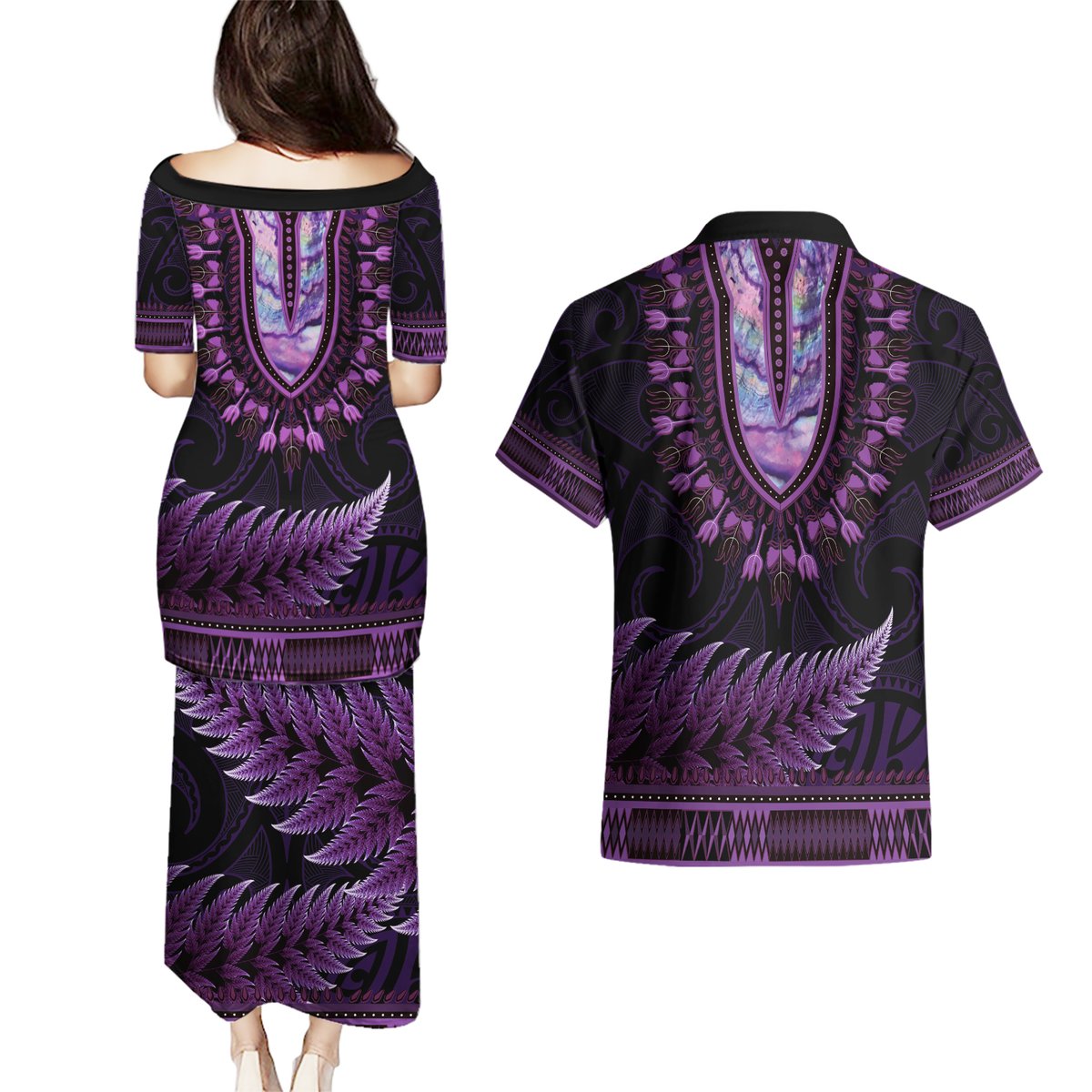 Purple African Dashiki With Aotearoa Maori Couples Matching Puletasi and Hawaiian Shirt Paua Shell Mix Silver Fern LT14 - Polynesian Pride