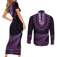 Purple African Dashiki With Aotearoa Maori Couples Matching Short Sleeve Bodycon Dress and Long Sleeve Button Shirt Paua Shell Mix Silver Fern LT14 - Polynesian Pride
