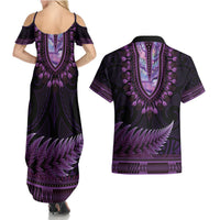 Purple African Dashiki With Aotearoa Maori Couples Matching Summer Maxi Dress and Hawaiian Shirt Paua Shell Mix Silver Fern LT14 - Polynesian Pride
