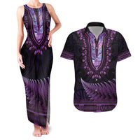Purple African Dashiki With Aotearoa Maori Couples Matching Tank Maxi Dress and Hawaiian Shirt Paua Shell Mix Silver Fern LT14 Purple - Polynesian Pride
