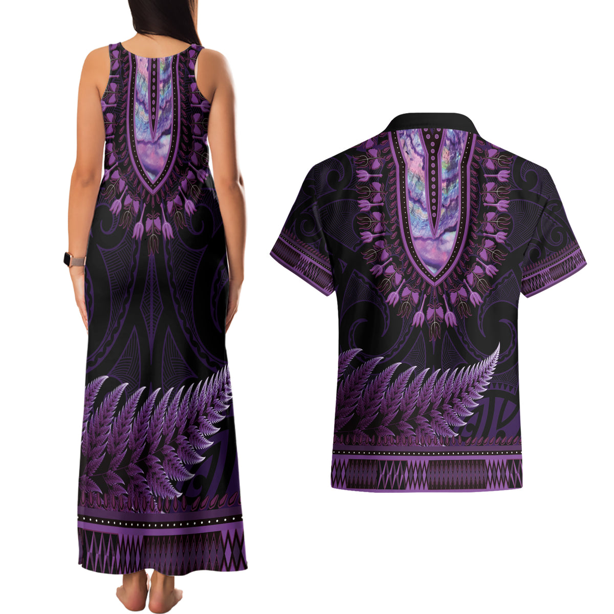 Purple African Dashiki With Aotearoa Maori Couples Matching Tank Maxi Dress and Hawaiian Shirt Paua Shell Mix Silver Fern LT14 - Polynesian Pride