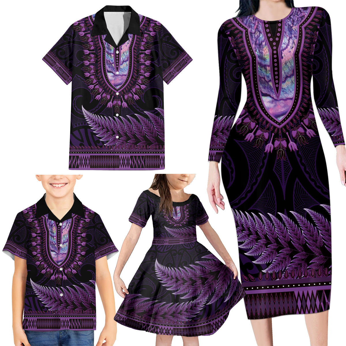 Purple African Dashiki With Aotearoa Maori Family Matching Long Sleeve Bodycon Dress and Hawaiian Shirt Paua Shell Mix Silver Fern LT14 - Polynesian Pride