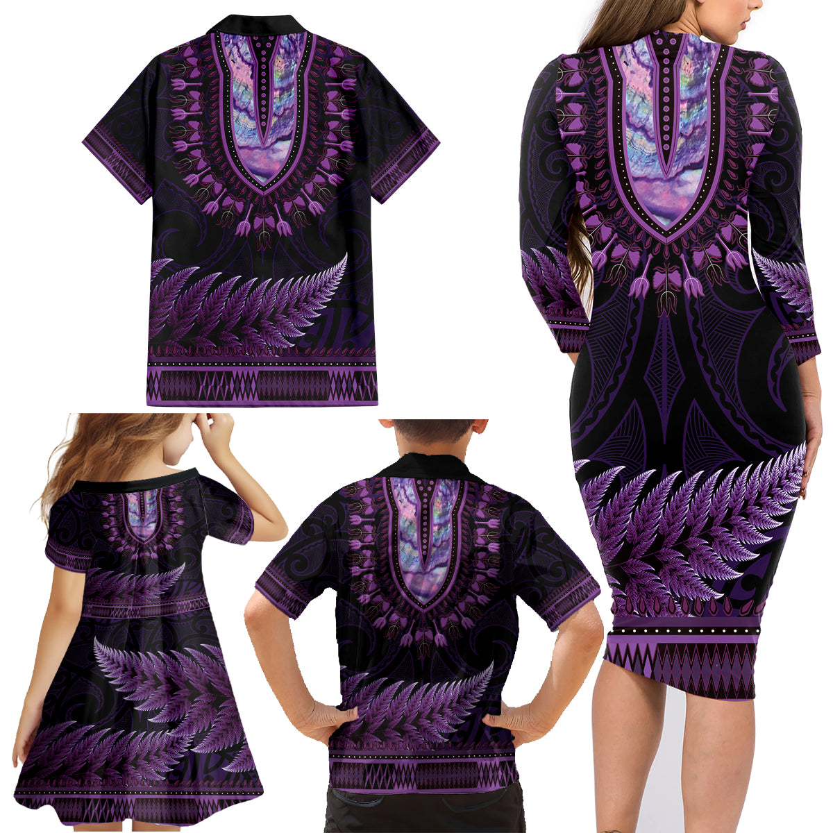 Purple African Dashiki With Aotearoa Maori Family Matching Long Sleeve Bodycon Dress and Hawaiian Shirt Paua Shell Mix Silver Fern LT14 - Polynesian Pride