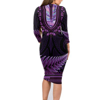 Purple African Dashiki With Aotearoa Maori Family Matching Long Sleeve Bodycon Dress and Hawaiian Shirt Paua Shell Mix Silver Fern LT14 - Polynesian Pride