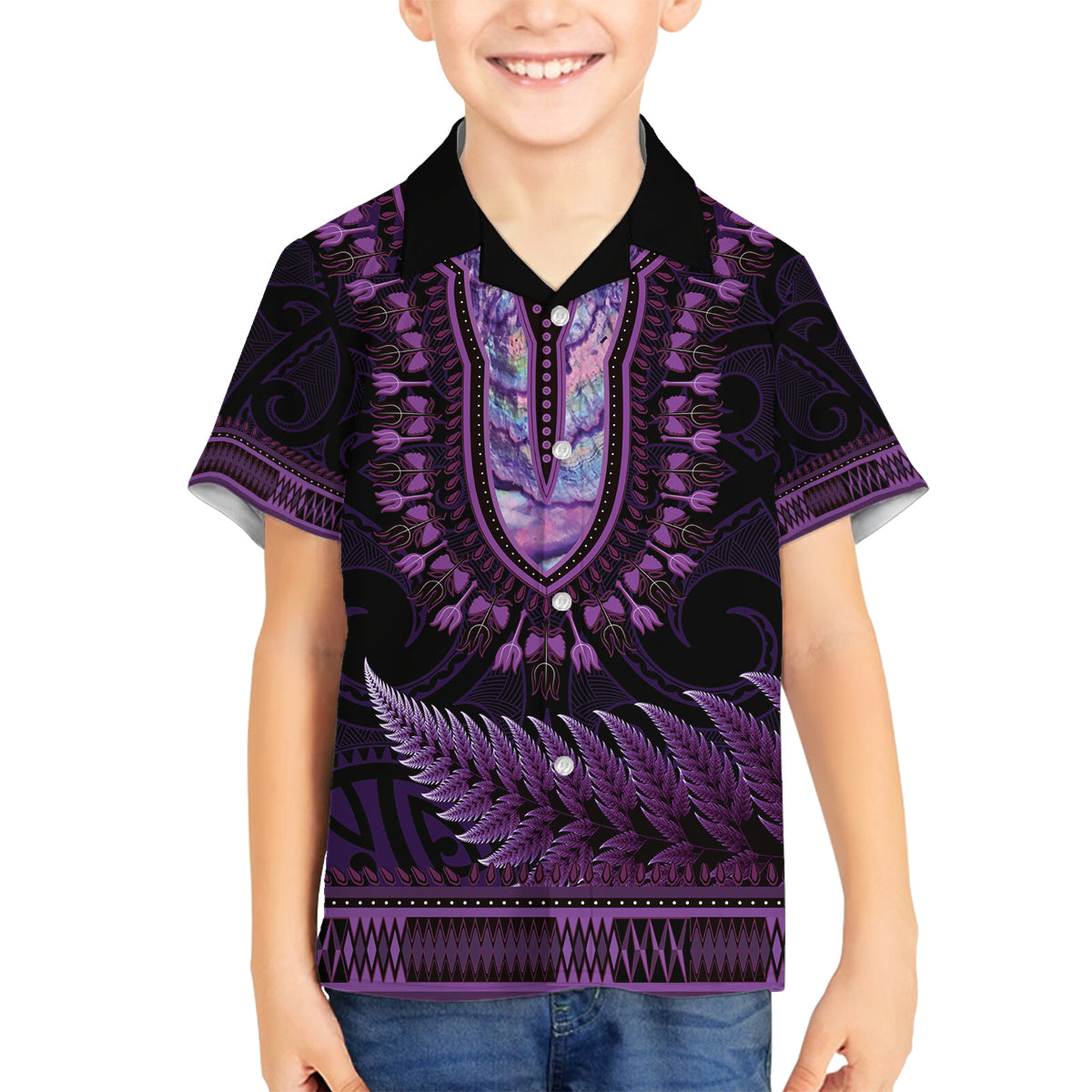 Purple African Dashiki With Aotearoa Maori Family Matching Long Sleeve Bodycon Dress and Hawaiian Shirt Paua Shell Mix Silver Fern LT14 Son's Shirt Purple - Polynesian Pride