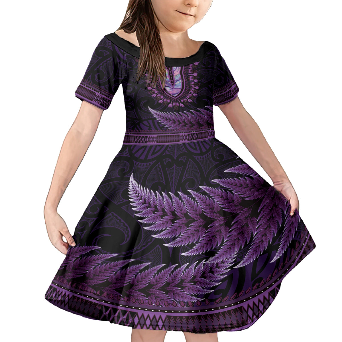 Purple African Dashiki With Aotearoa Maori Family Matching Mermaid Dress and Hawaiian Shirt Paua Shell Mix Silver Fern LT14 Daughter's Dress Purple - Polynesian Pride