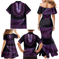 Purple African Dashiki With Aotearoa Maori Family Matching Mermaid Dress and Hawaiian Shirt Paua Shell Mix Silver Fern LT14 - Polynesian Pride