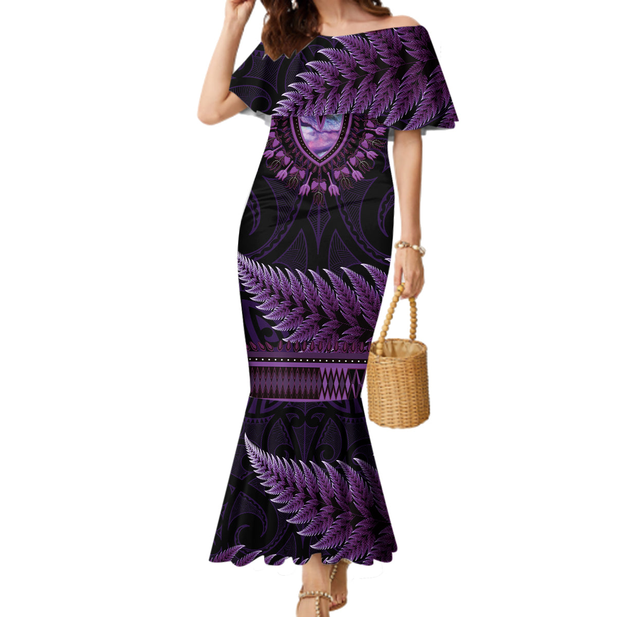 Purple African Dashiki With Aotearoa Maori Family Matching Mermaid Dress and Hawaiian Shirt Paua Shell Mix Silver Fern LT14 Mom's Dress Purple - Polynesian Pride