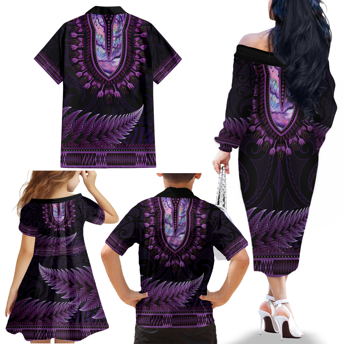 Purple African Dashiki With Aotearoa Maori Family Matching Off The Shoulder Long Sleeve Dress and Hawaiian Shirt Paua Shell Mix Silver Fern LT14 - Polynesian Pride