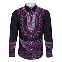 Purple African Dashiki With Aotearoa Maori Family Matching Off Shoulder Short Dress and Hawaiian Shirt Paua Shell Mix Silver Fern LT14 Dad's Shirt - Long Sleeve Purple - Polynesian Pride
