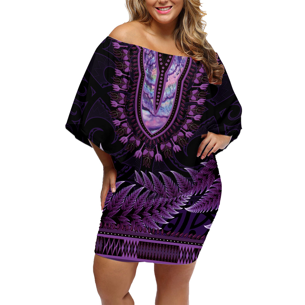 Purple African Dashiki With Aotearoa Maori Family Matching Off Shoulder Short Dress and Hawaiian Shirt Paua Shell Mix Silver Fern LT14 Mom's Dress Purple - Polynesian Pride