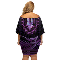 Purple African Dashiki With Aotearoa Maori Family Matching Off Shoulder Short Dress and Hawaiian Shirt Paua Shell Mix Silver Fern LT14 - Polynesian Pride