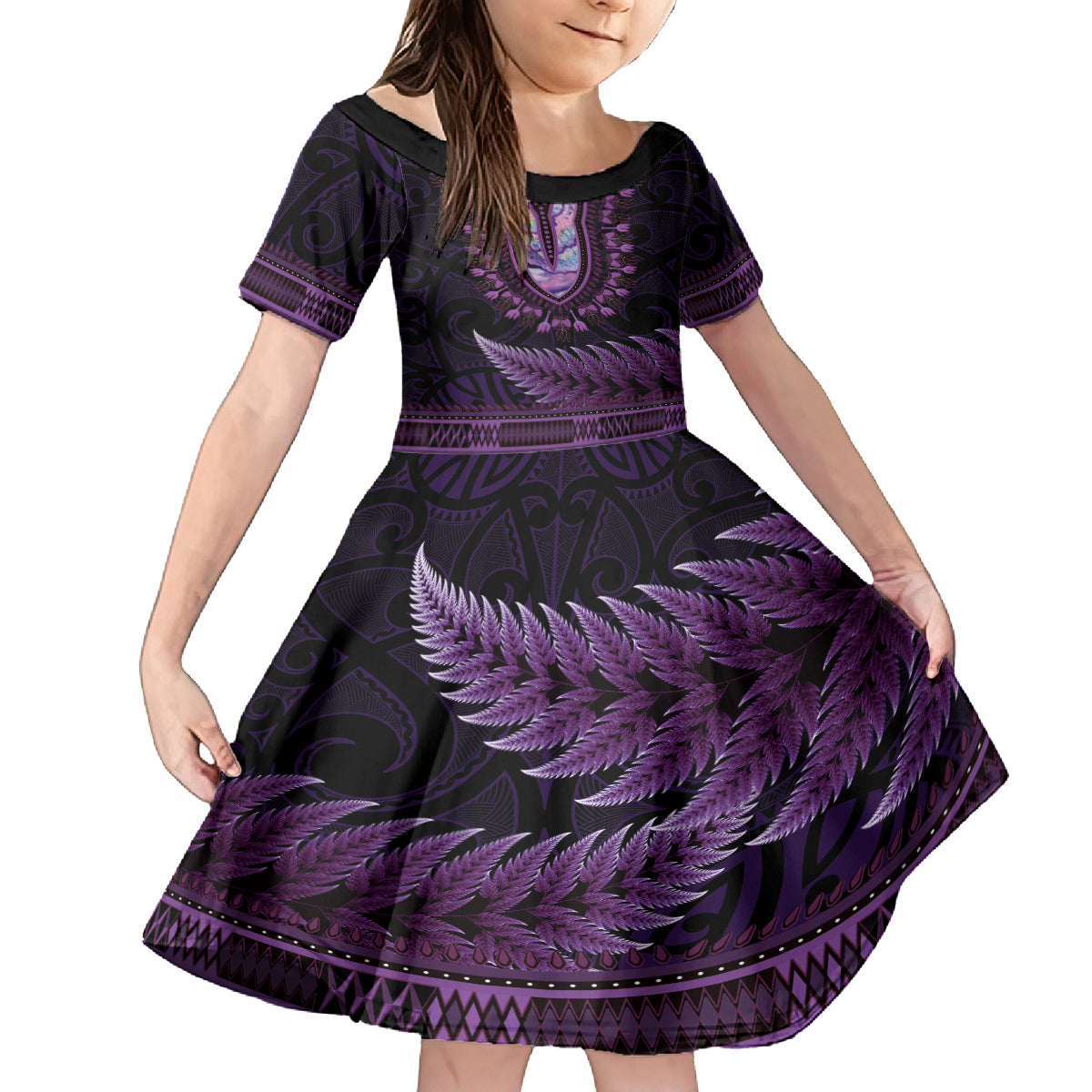 Purple African Dashiki With Aotearoa Maori Family Matching Puletasi and Hawaiian Shirt Paua Shell Mix Silver Fern LT14 Daughter's Dress Purple - Polynesian Pride