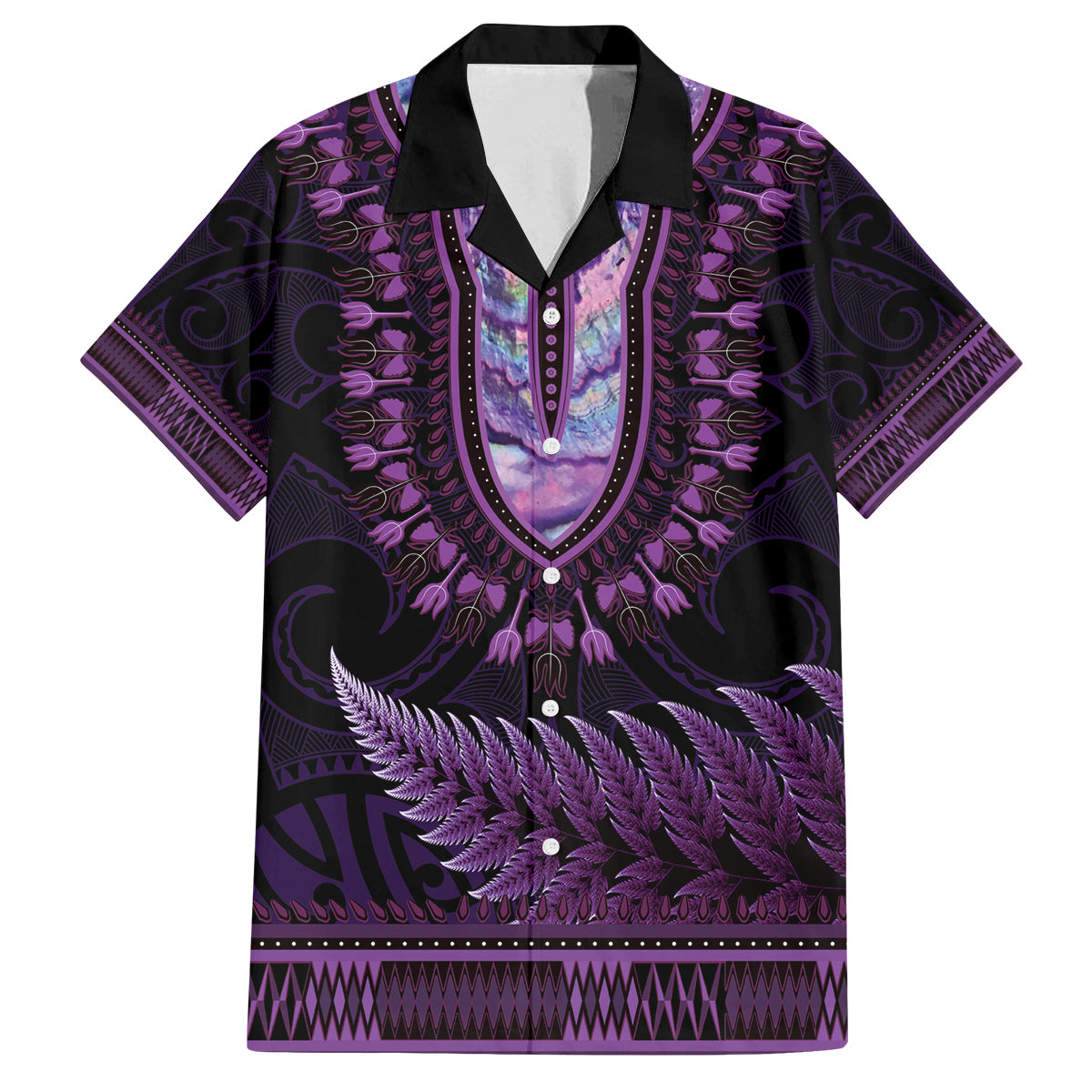 Purple African Dashiki With Aotearoa Maori Family Matching Puletasi and Hawaiian Shirt Paua Shell Mix Silver Fern LT14 Dad's Shirt - Short Sleeve Purple - Polynesian Pride