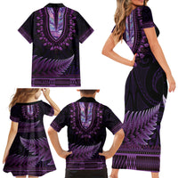 Purple African Dashiki With Aotearoa Maori Family Matching Short Sleeve Bodycon Dress and Hawaiian Shirt Paua Shell Mix Silver Fern LT14 - Polynesian Pride