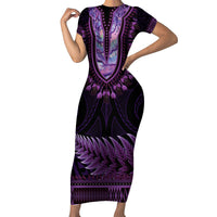 Purple African Dashiki With Aotearoa Maori Family Matching Short Sleeve Bodycon Dress and Hawaiian Shirt Paua Shell Mix Silver Fern LT14 Mom's Dress Purple - Polynesian Pride