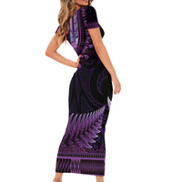 Purple African Dashiki With Aotearoa Maori Family Matching Short Sleeve Bodycon Dress and Hawaiian Shirt Paua Shell Mix Silver Fern LT14 - Polynesian Pride