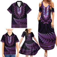 Purple African Dashiki With Aotearoa Maori Family Matching Summer Maxi Dress and Hawaiian Shirt Paua Shell Mix Silver Fern LT14 - Polynesian Pride